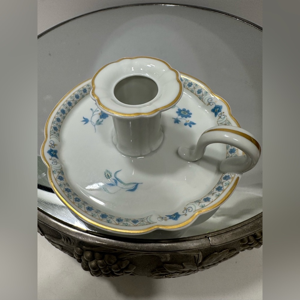 Haviland Limoges France Handled Candlestick Porcelain Single Light blue flowers